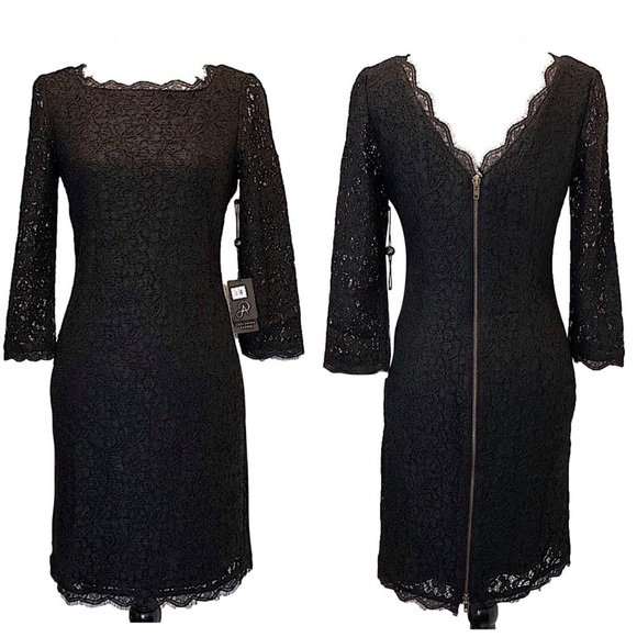 ADRIANNA PAPELL Black Lace 3/4 Sleeve Full Zipper Back At The Knee Dress NWT Sz6